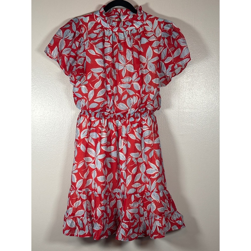 THML Red Blue Leaf Print Ruffle Neck Smocked Waist Mini Dress Small